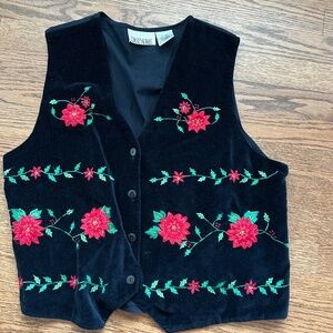 Grandmacore Holiday Christmas Poinsettia Velvet Vest Womens XL Button Front